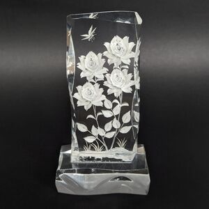 Vintage Reverse Carved Rose & Butterfly Design Lucite / Acrylic Paperweight